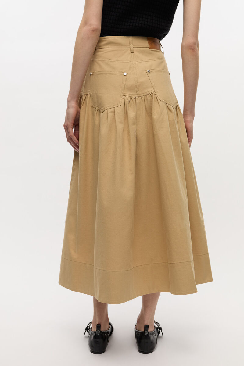 Ganni Womens Pale Khaki Summer Suiting Gathered Cotton And Linen Midi Skirt In Nude