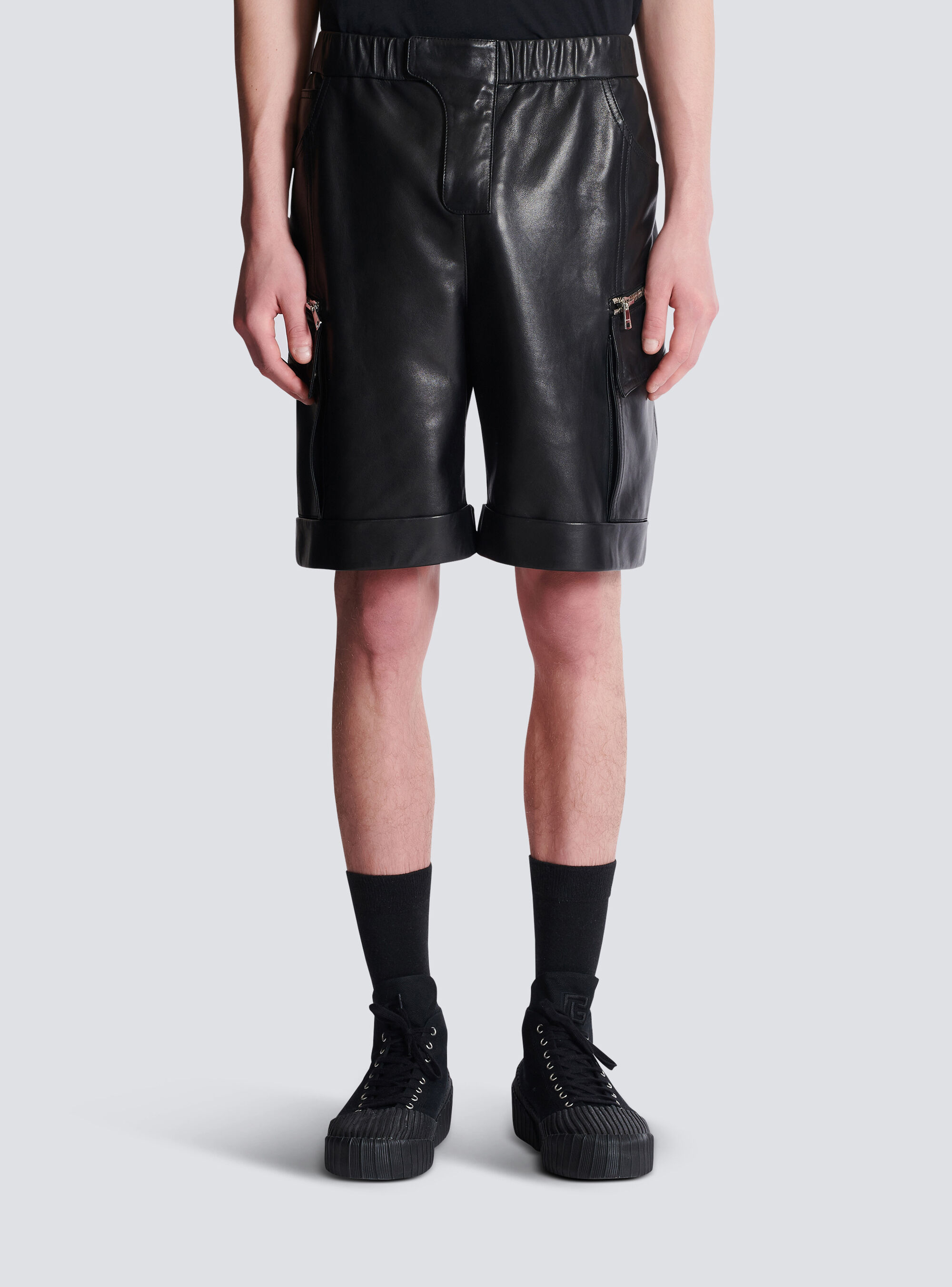 Balmain Leather Cargo Bermuda Shorts In Black