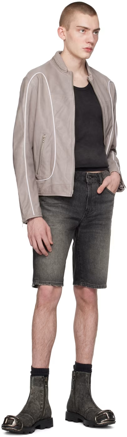 Diesel Leather Biker Jacket In Gray