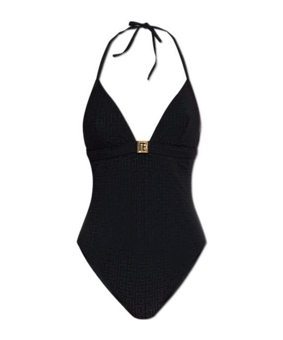 Balmain Monogram Halterneck One-piece Swimsuit In Black