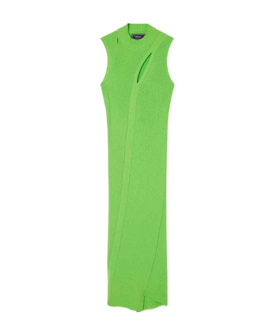 Versace Ribbed Knit Midi Dress With Front Cutout In Green