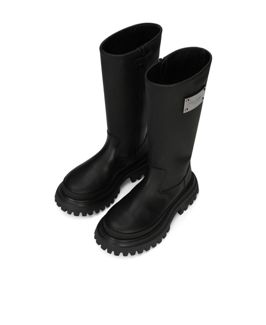 Dolce & Gabbana Logo Plaque Leather Boots In Black