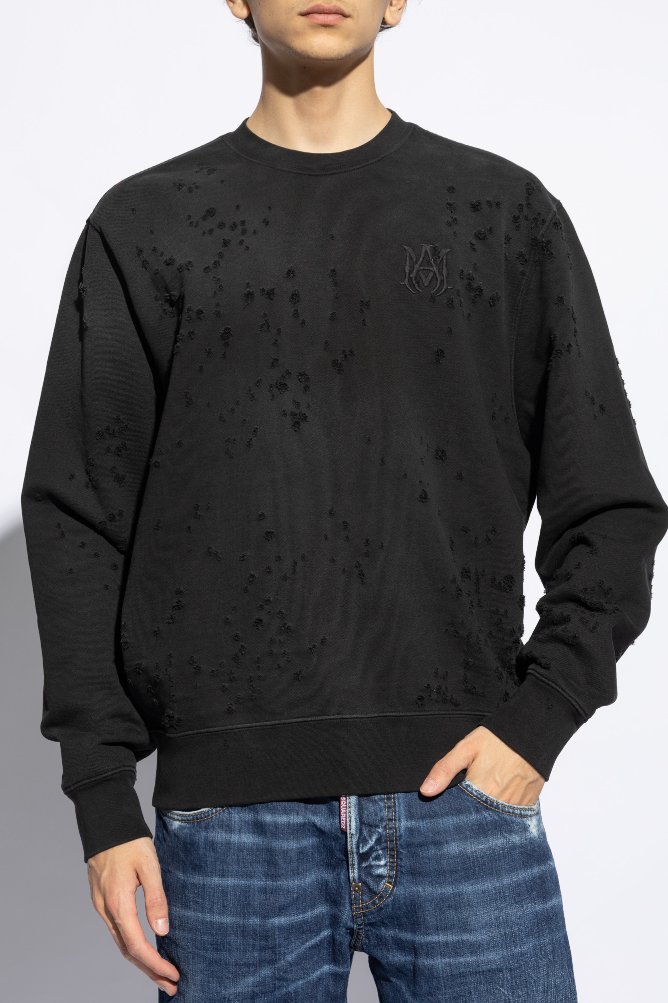 Amiri Crew Neck Sweatshirt With Destroyed Effect In Black