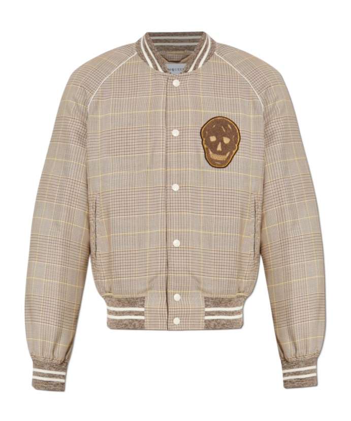 Alexander Mcqueen Skull Patch Prince Of Wales Bomber Jacket In Neutral