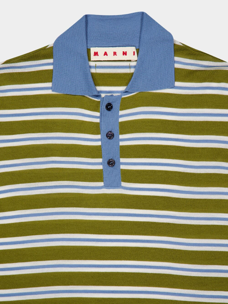 Marni Grass Green Striped Wool Polo Shirt In Green