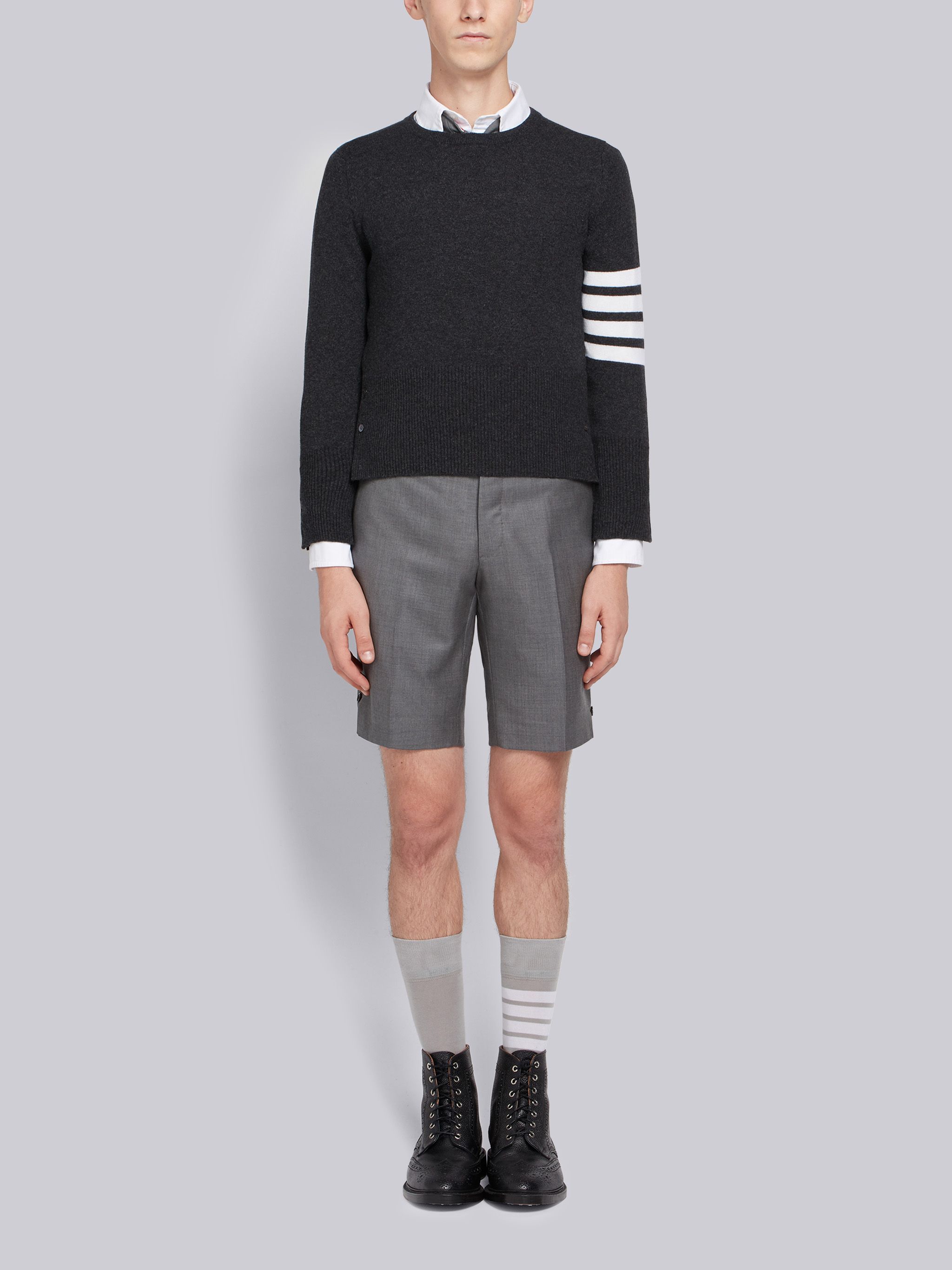 Thom Browne Ribbed Hem Crewneck Striped Sleeve Button Cuffs In Black