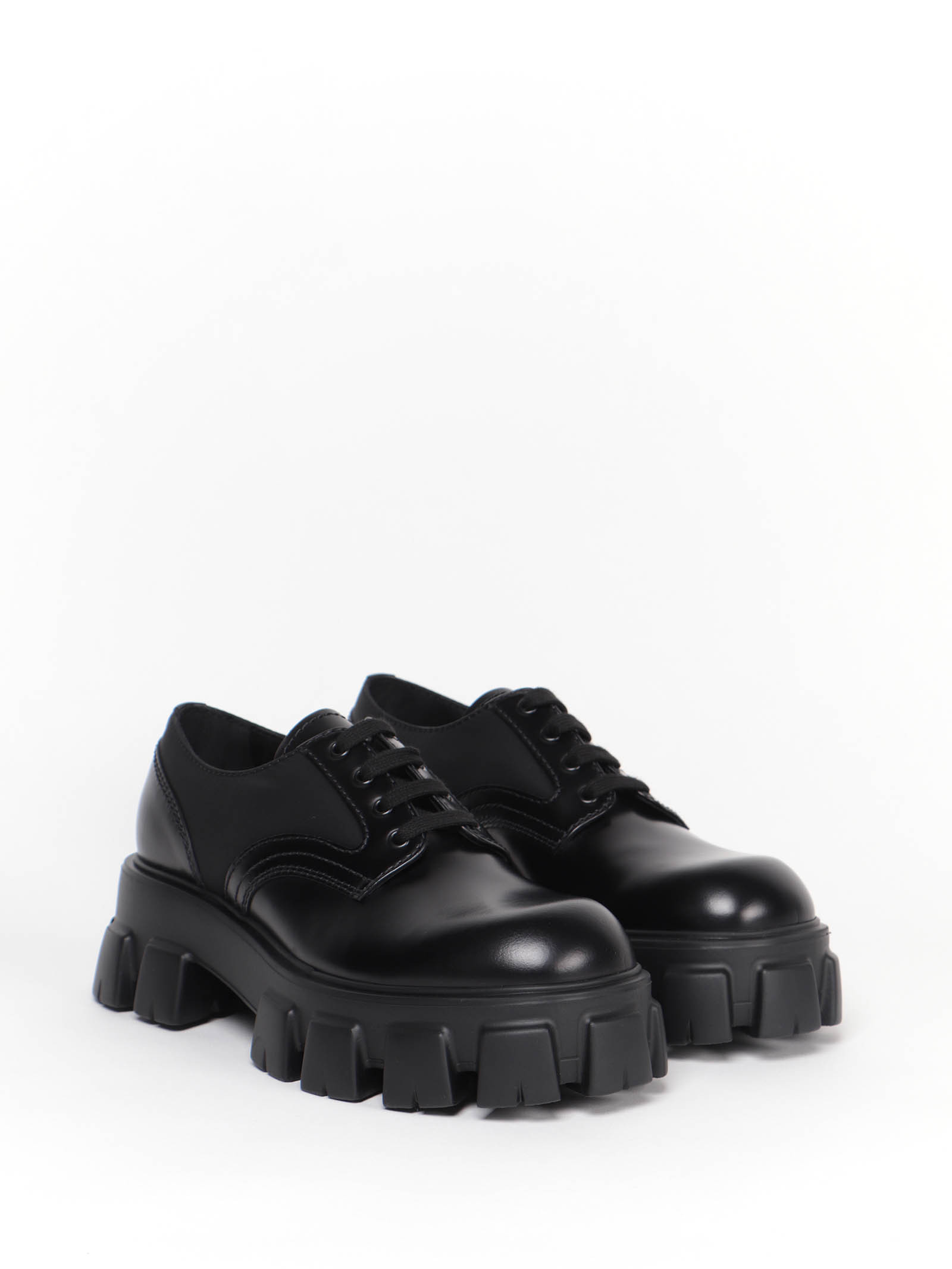 Prada Monolith Brushed Rois Leather And Nylon Lace-up Shoes In Black