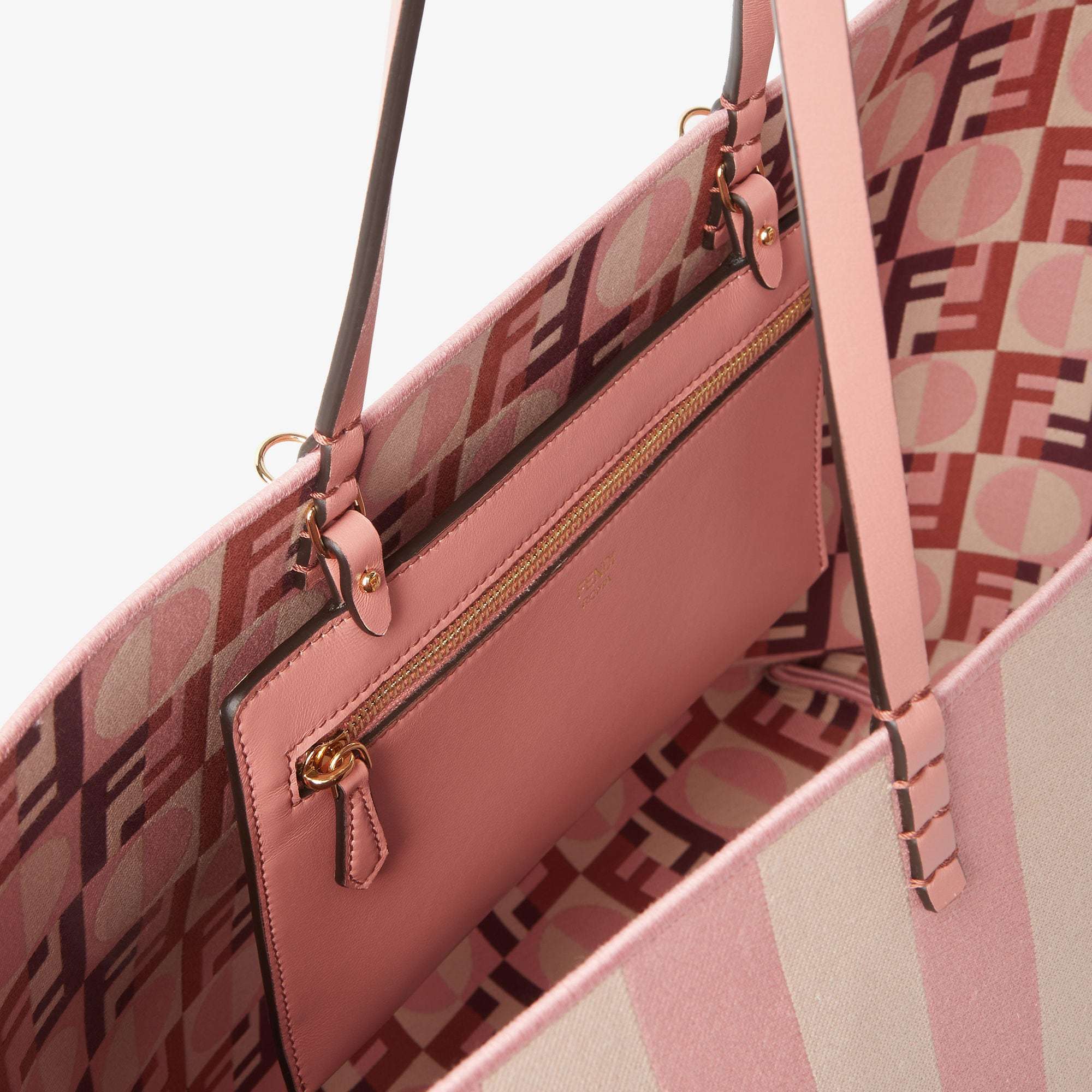 Fendi Pink Striped Pequin And Optical Jacquard Fabric Shopper In Pink