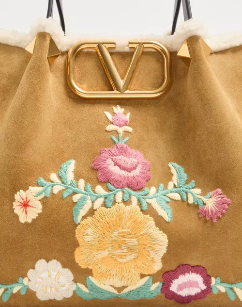 Valentino Medium Embroidered Shoulder Bag In Brown