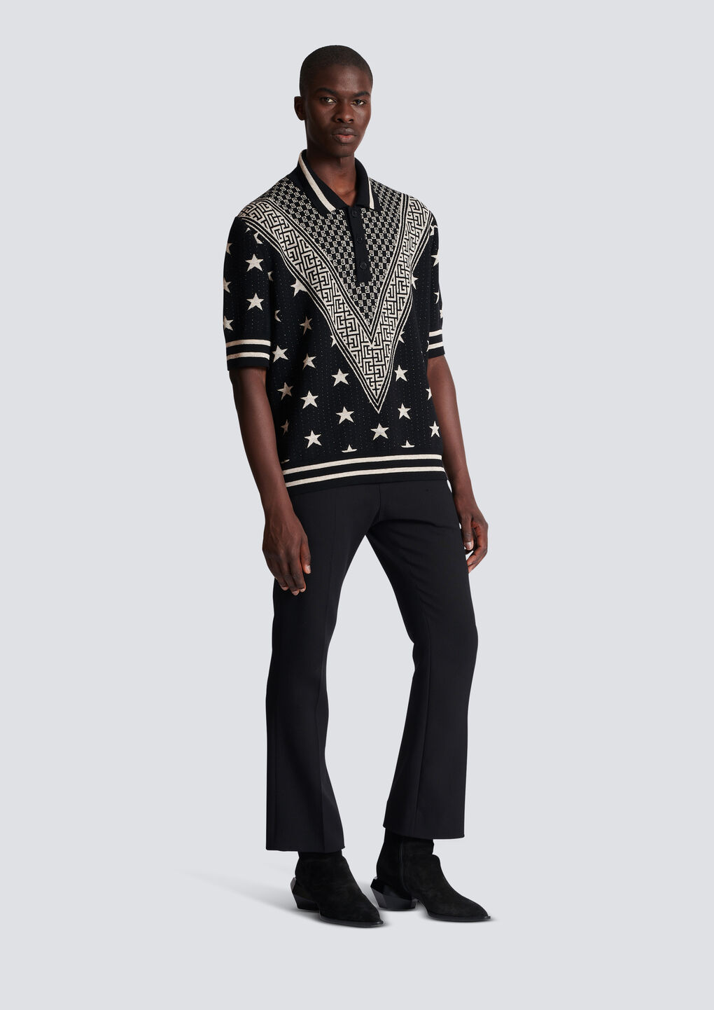 Balmain Monogram Stars Knitted Polo Shirt In Black