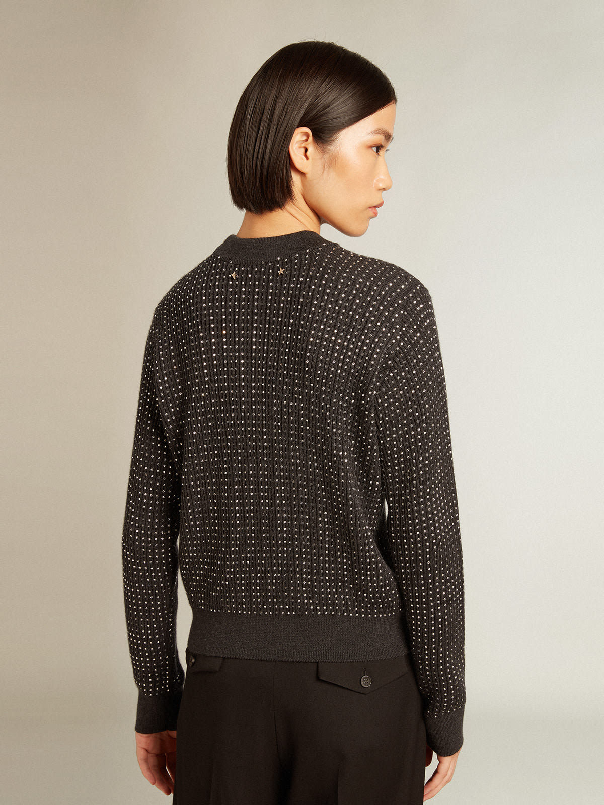 Shop Golden Goose Round-neck Sweater In Merino Wool With All-over Crystals In Black