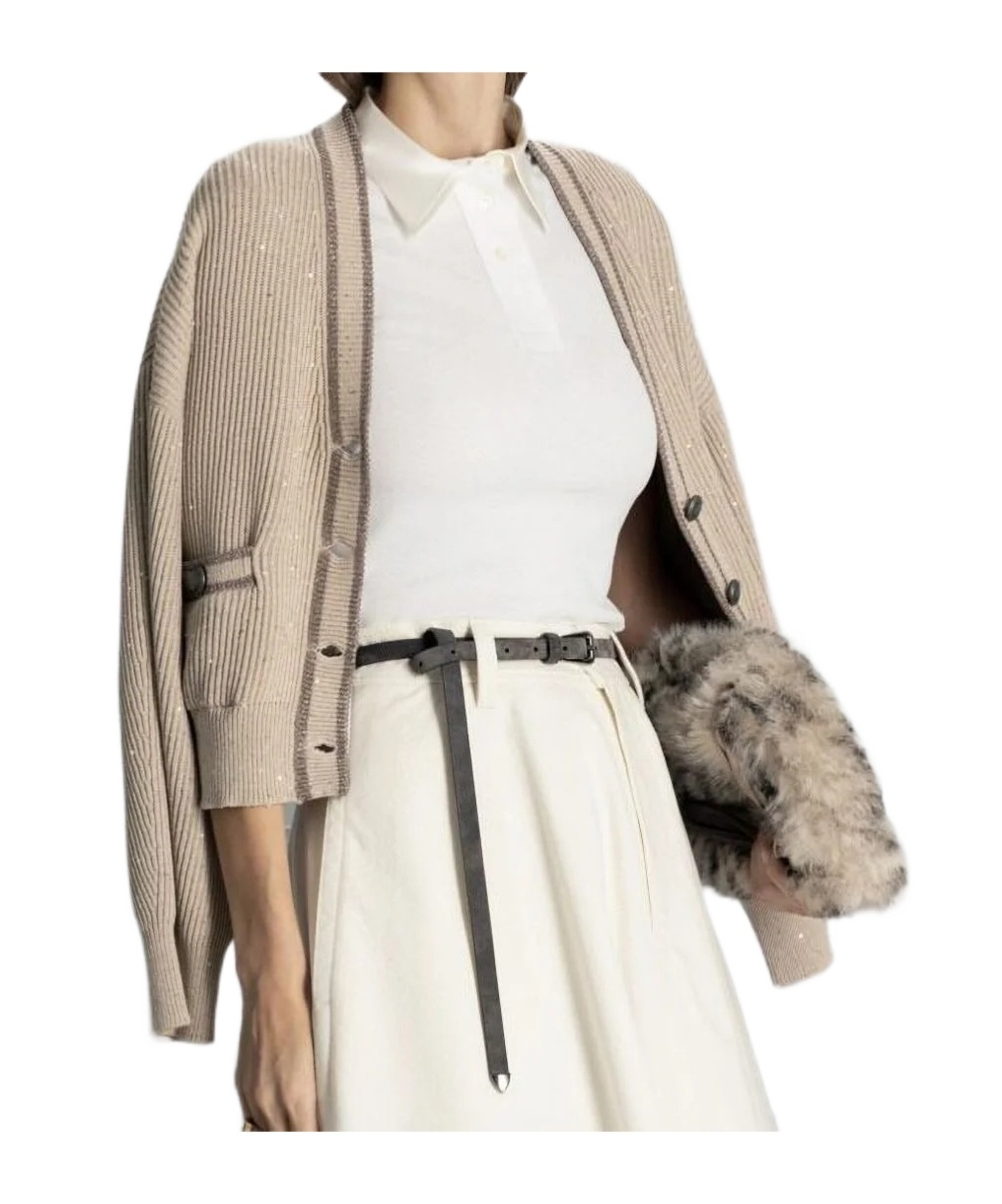 Brunello Cucinelli Sequin-embellished Ribbed Cardigan In Nude
