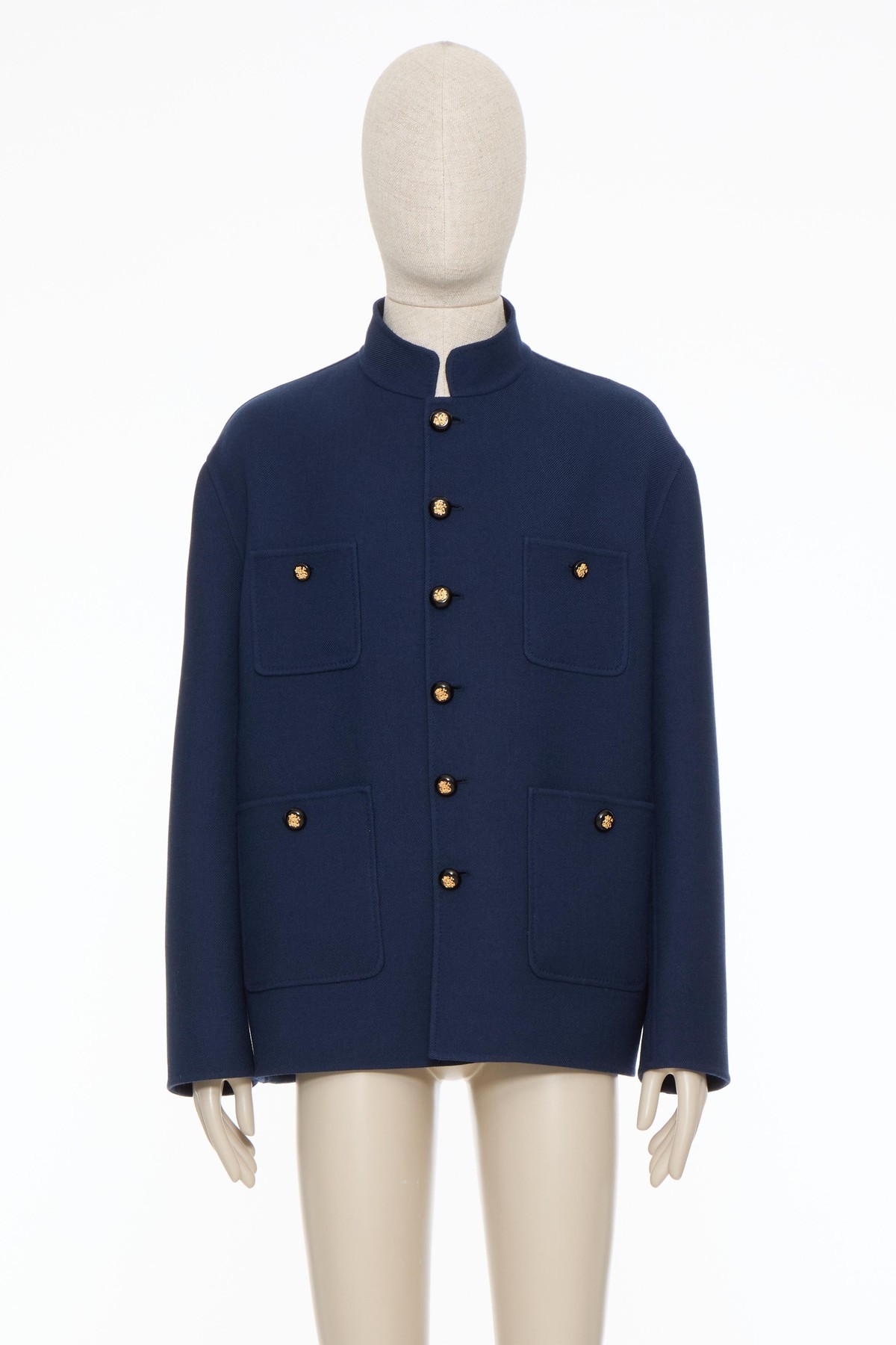 Valentino Double Wool Jacket With Mandarin Collar In Blue