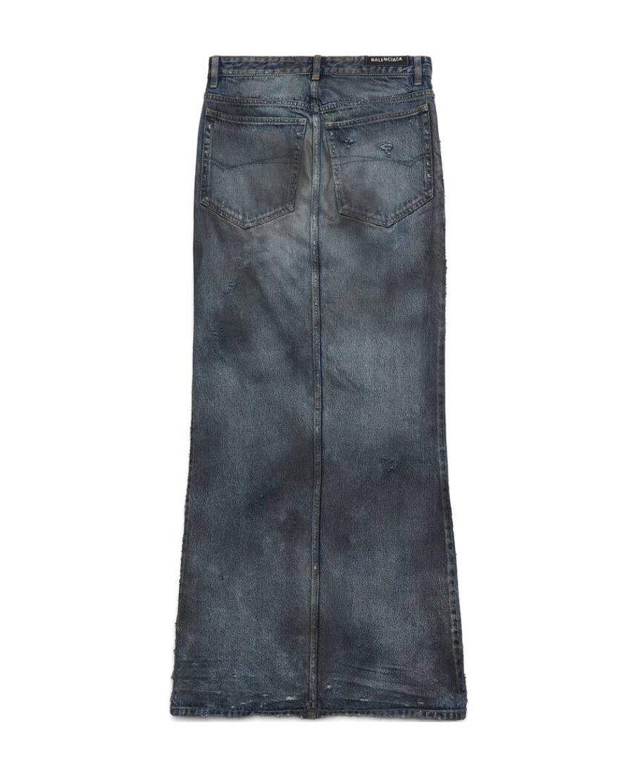 Balenciaga Dark Blue Maxi Skirt With Crinkled Effect With Logo Patch In Cotton Denim Woman In Black