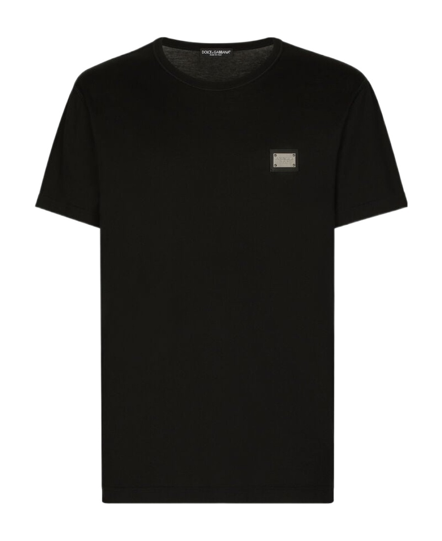 Dolce & Gabbana Cotton T-shirt With Metal Plaque Featuring Front Logo In Black