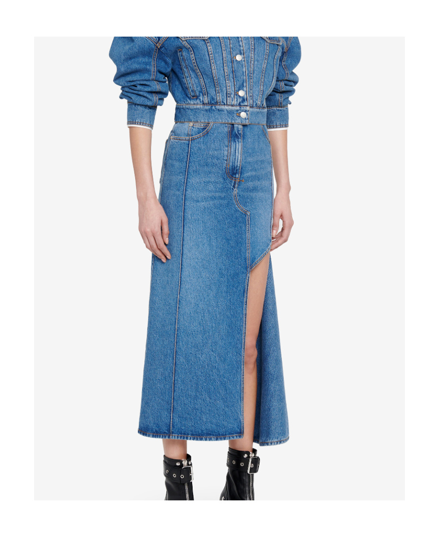 Alexander Mcqueen Denim Midi Skirt With Asymmetric High Slit In Blue