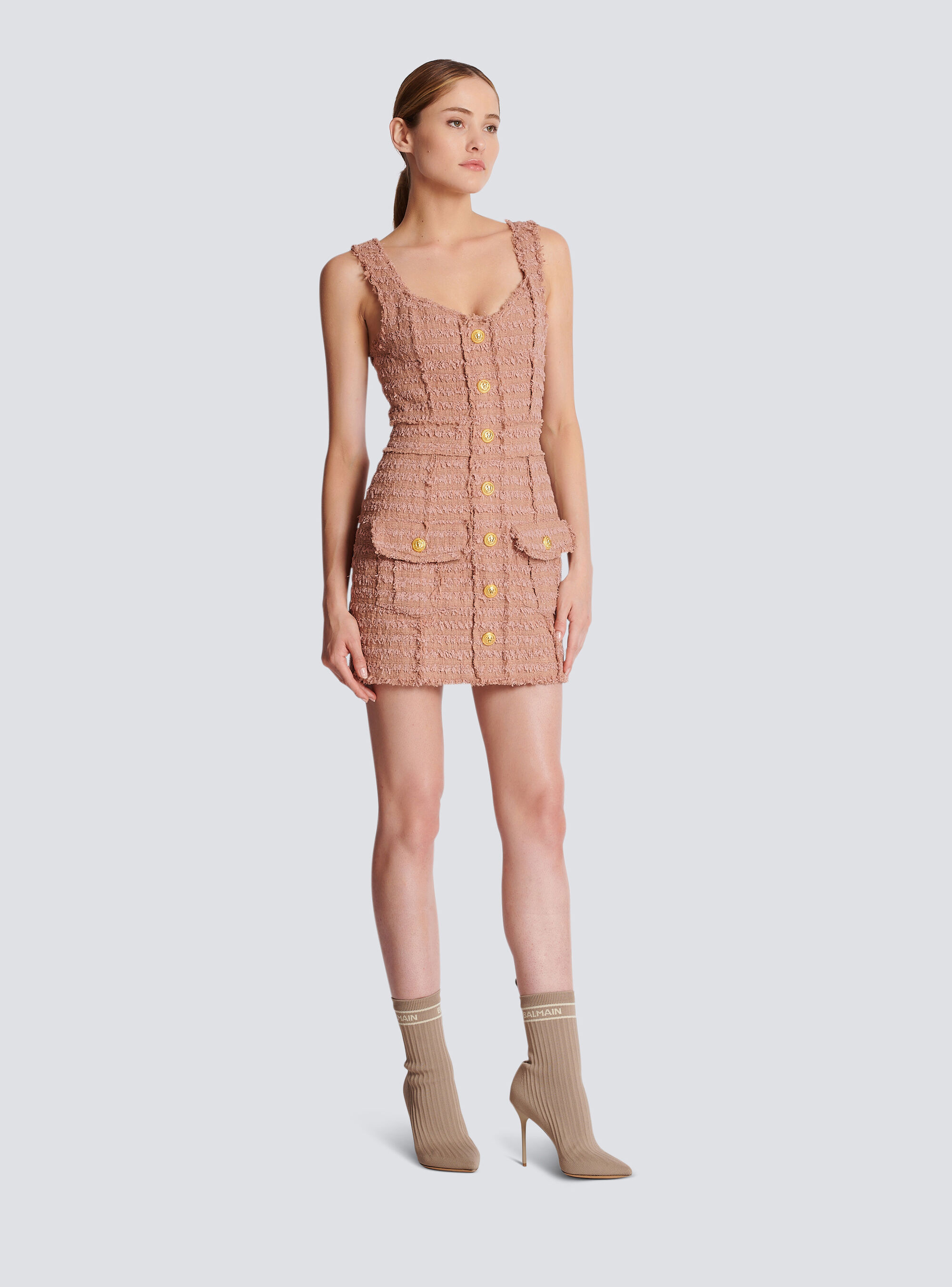 Balmain Button-embossed Strapped Tweed Short Dress In Nude