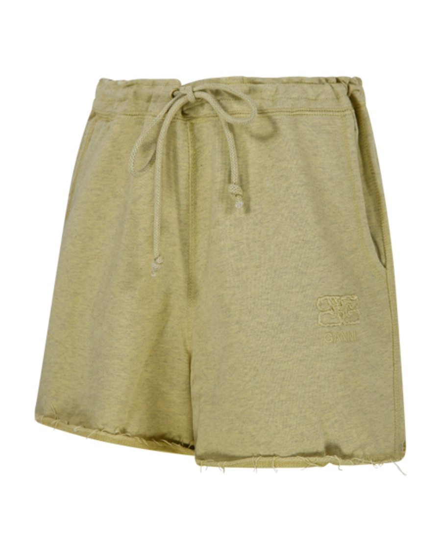 Ganni Drawstring-waist Raw-edge Shorts In Nude