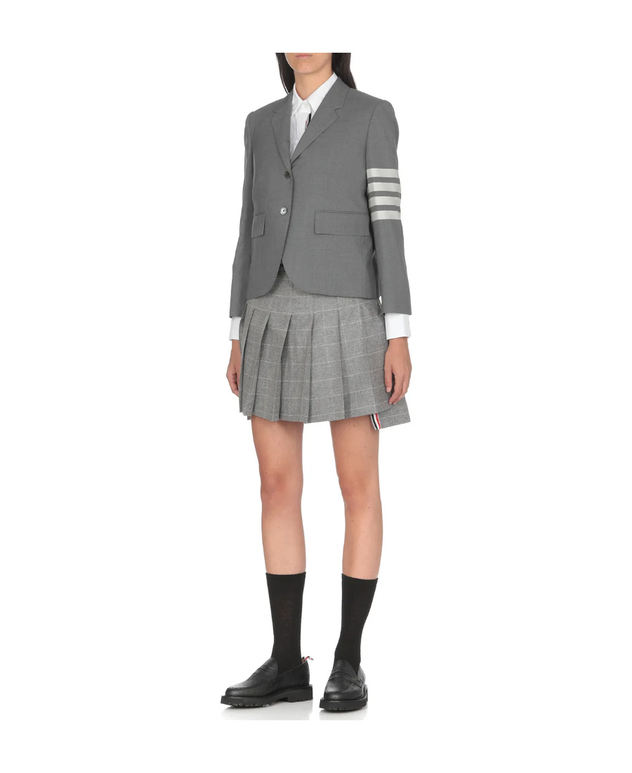 Thom Browne Four-bar Stripe Wool Cropped Single Breasted Blazer In Gray