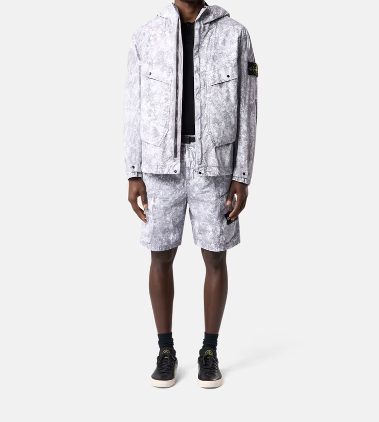 Stone Island Hooded Jacket With All-over Motif And Anti-dгор In Pearl Grey