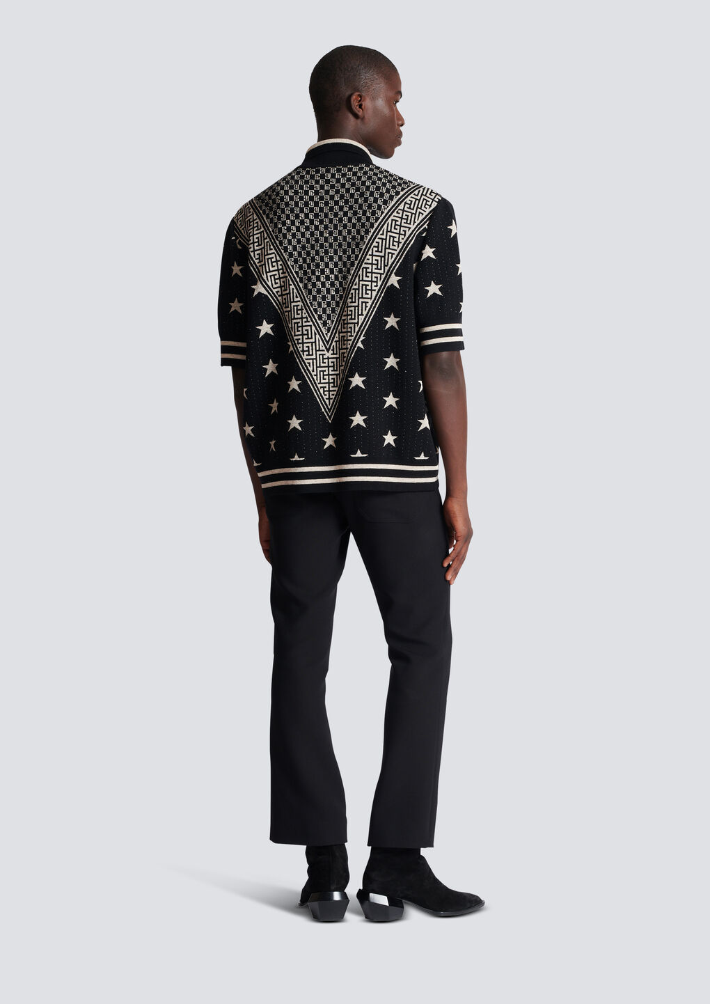 Balmain Monogram Stars Knitted Polo Shirt In Black