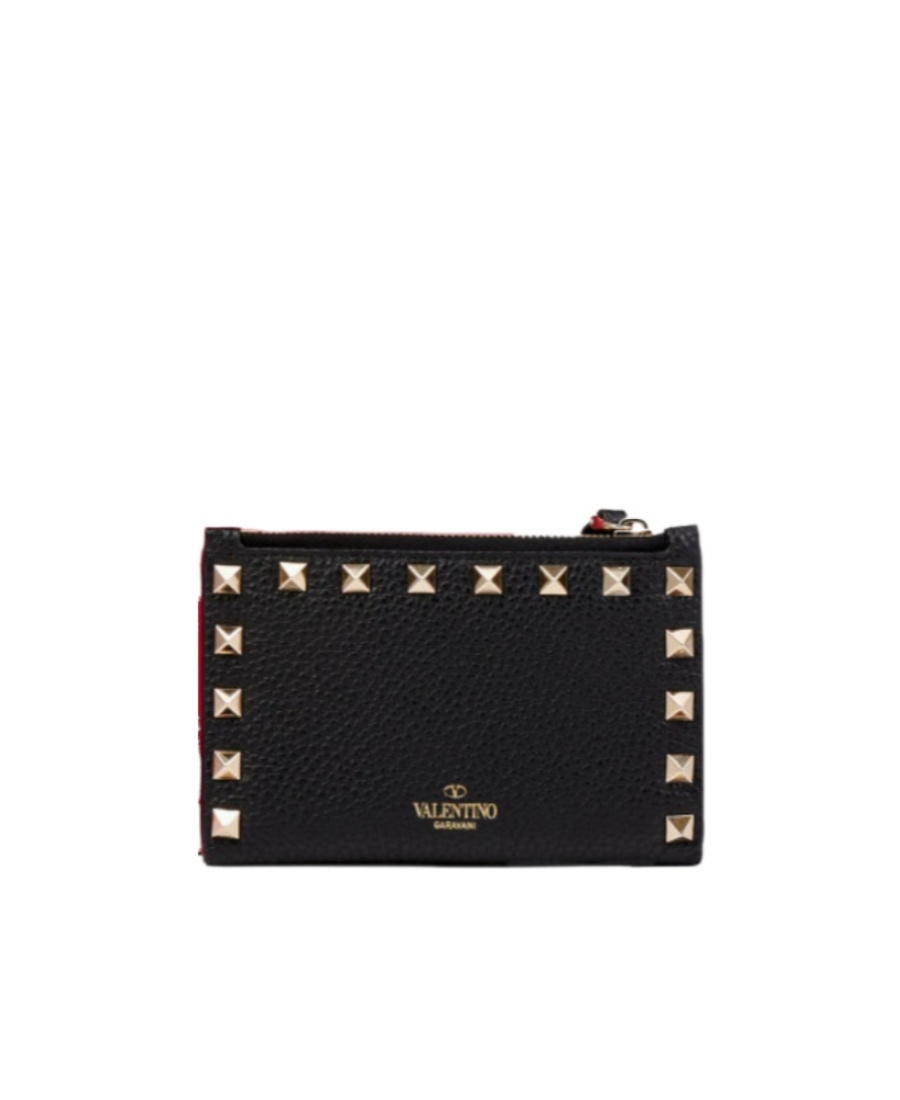 Valentino Rockstud Leather Zip Around Card Holder In Black