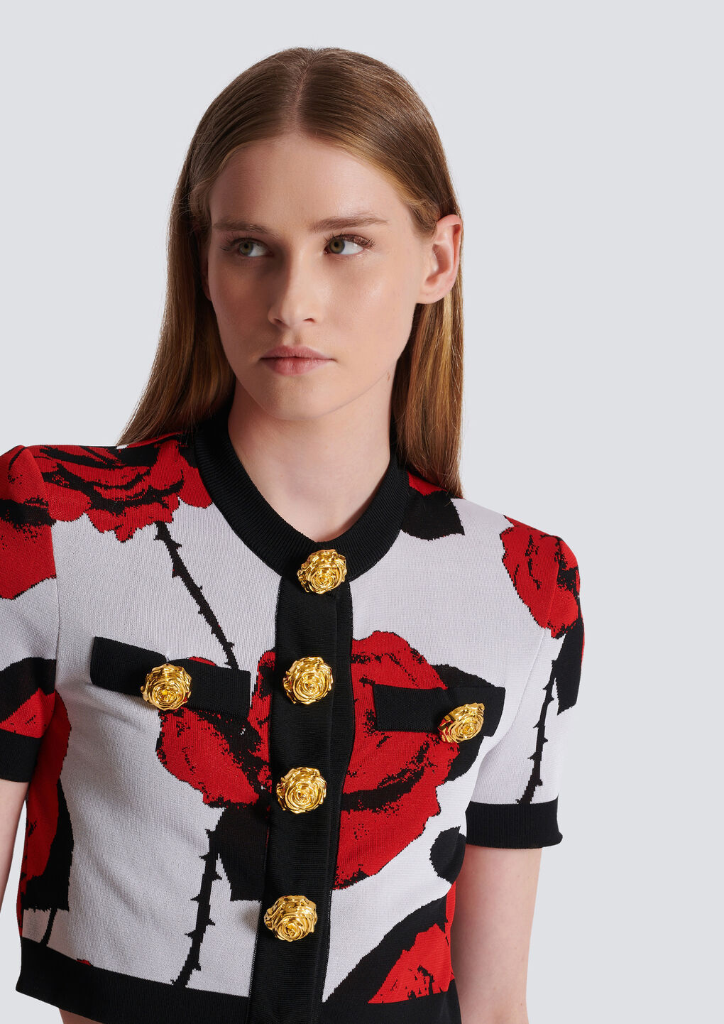 BALMAIN RED ROSES JACQUARD KNIT CARDIGAN