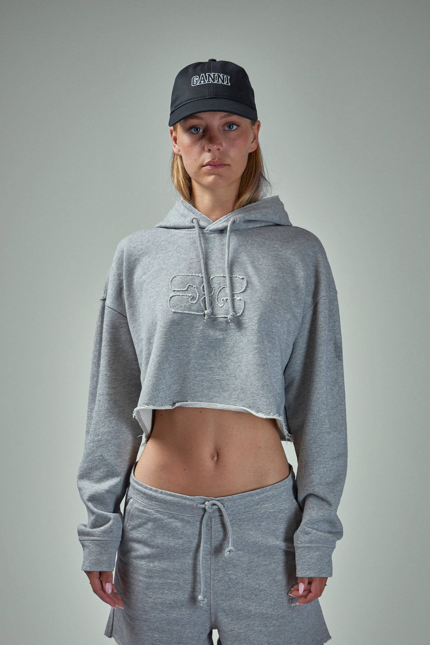 Ganni Embroidered-logo Drawstring Shorts In Gray