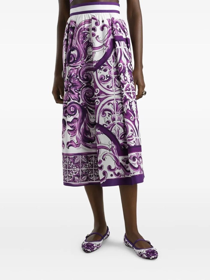 Dolce & Gabbana Women Maiolica Mix Print Poplin Pleated Skirt In Purple