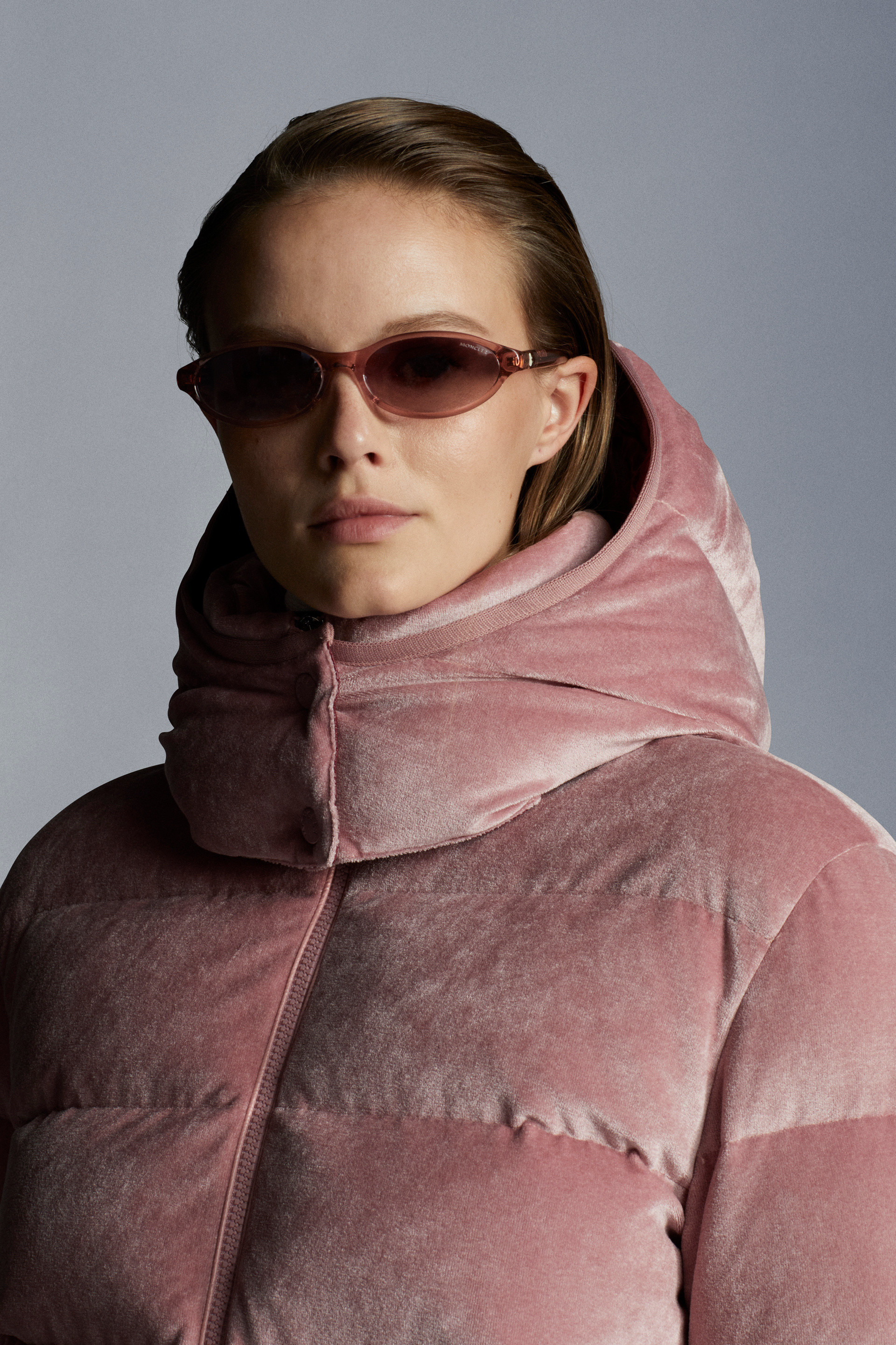 Moncler Holostee Velvet Puffer Jacket In Pink