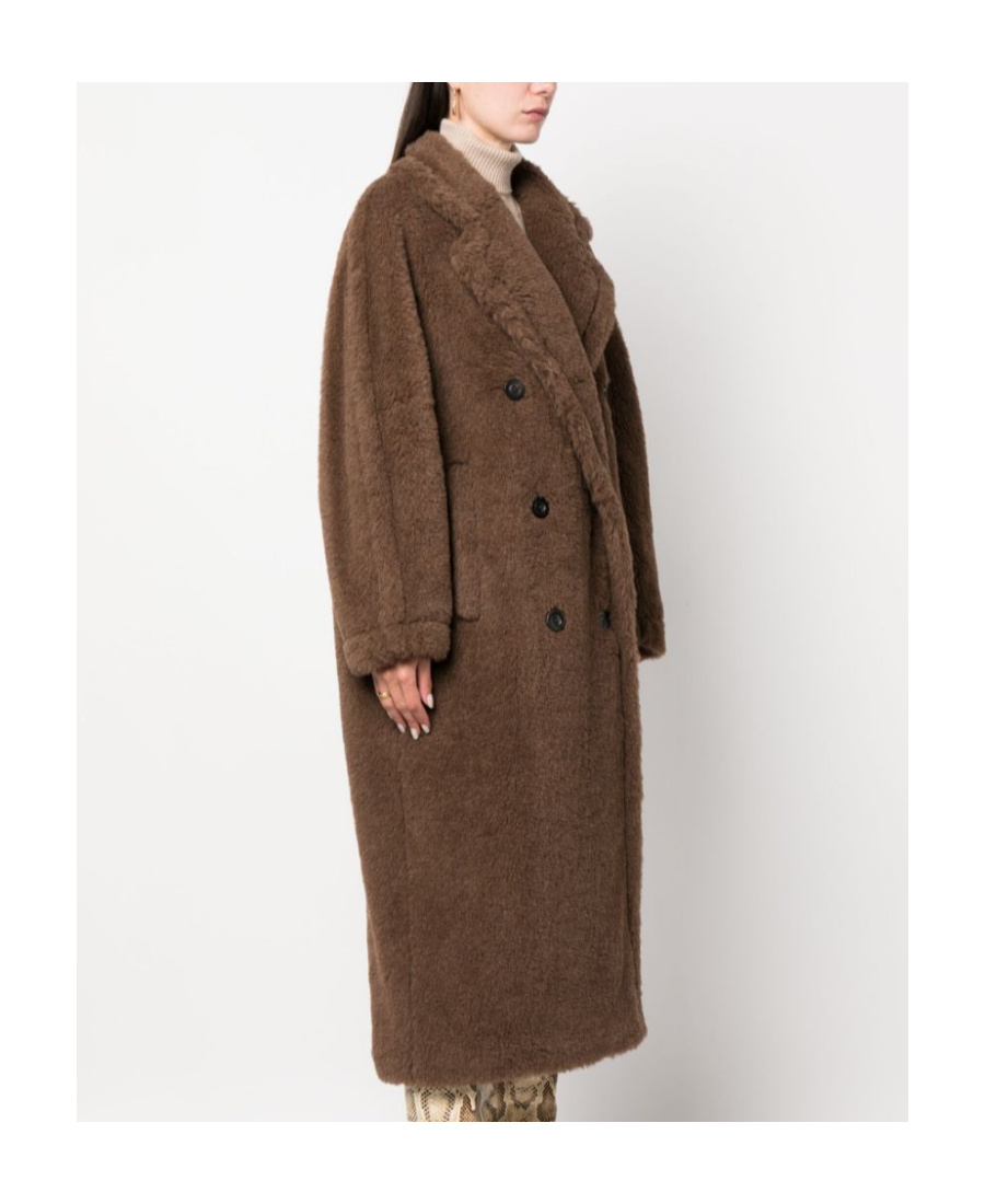 Max Mara Long Double-breasted Teddy Coat With Relaxed Fit In Brown