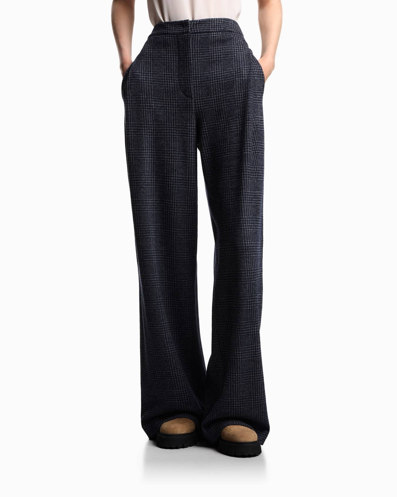 Emporio Armani Asv Icon Prince Of Wales Check Compact Jersey-knit Trousers With Pleats In Blue