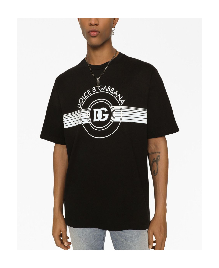 Dolce & Gabbana Black Cotton T-shirt With Large Interlocking Logo Print In Black