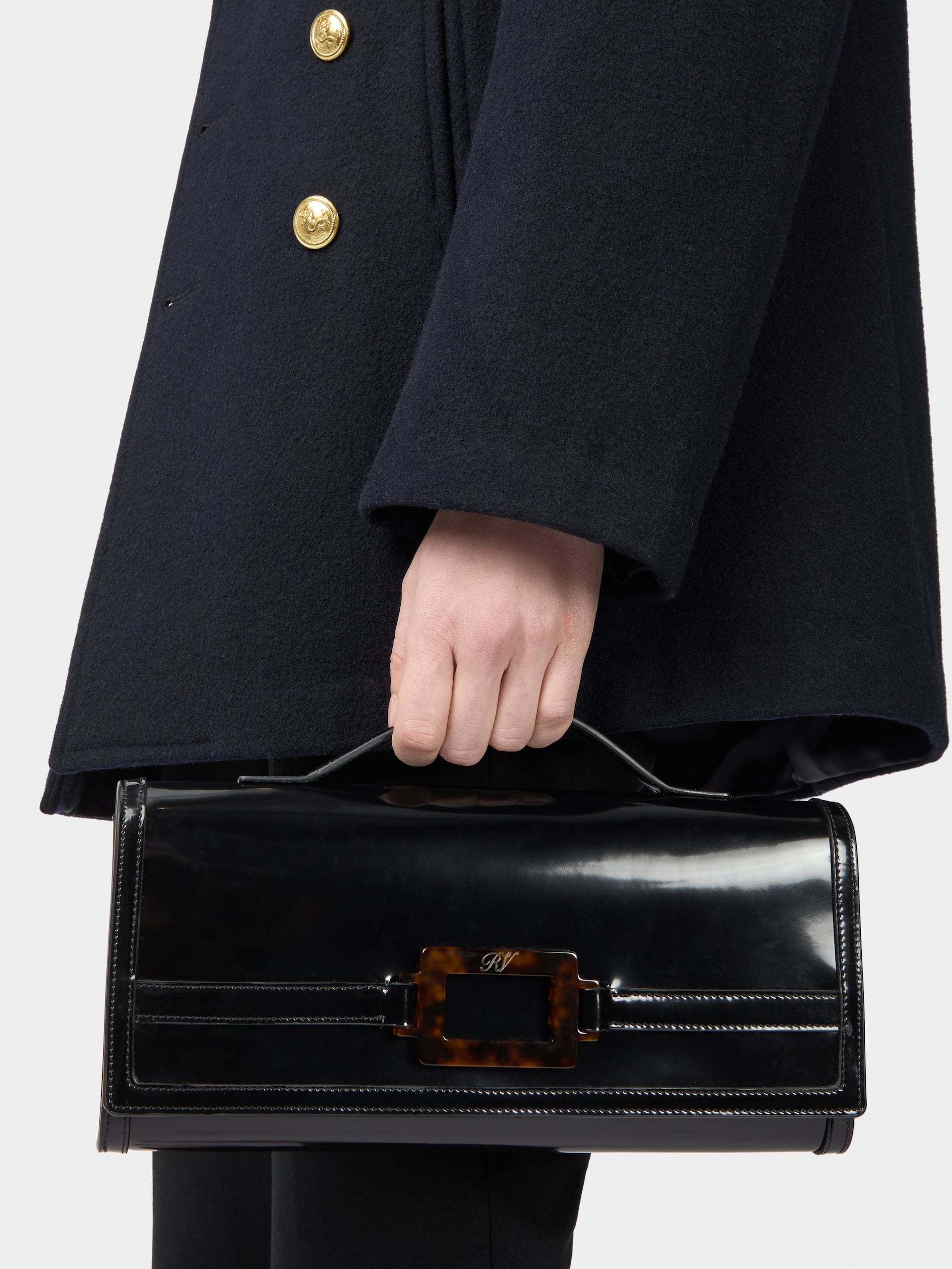 Roger Vivier Belle Vivier Shiny Leather Clutch In Black