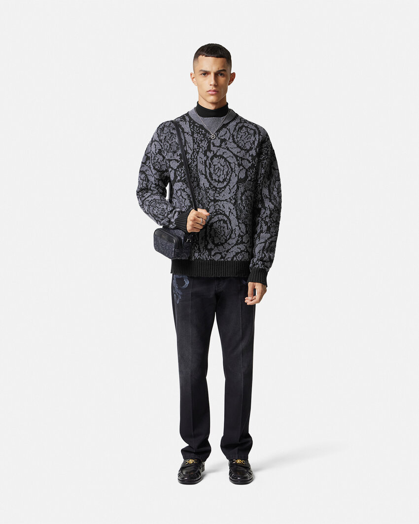 Versace Barocco Jacquard Wool Sweater In Black