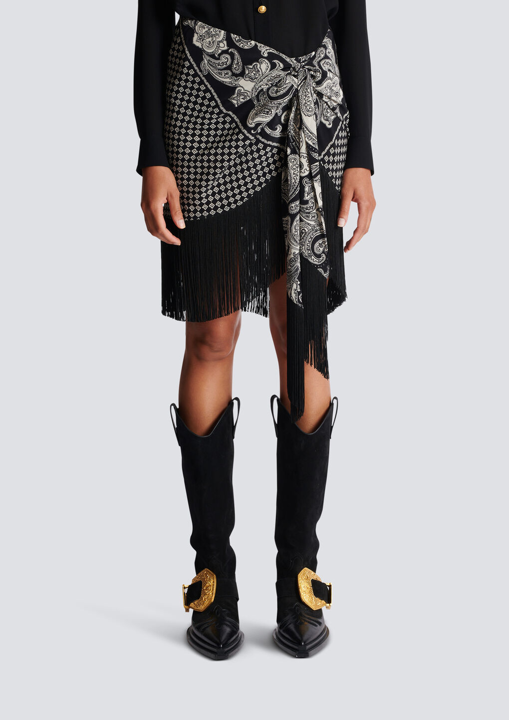 Balmain Fringed Paisley-print Silk Miniskirt In Black