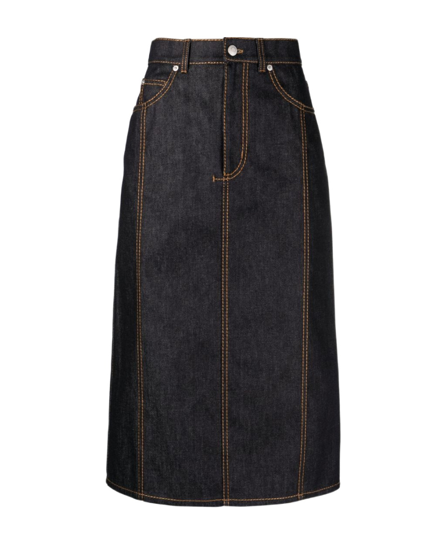 Shop Alexander Mcqueen Contrast-stitching Denim Midi Skirt In Black