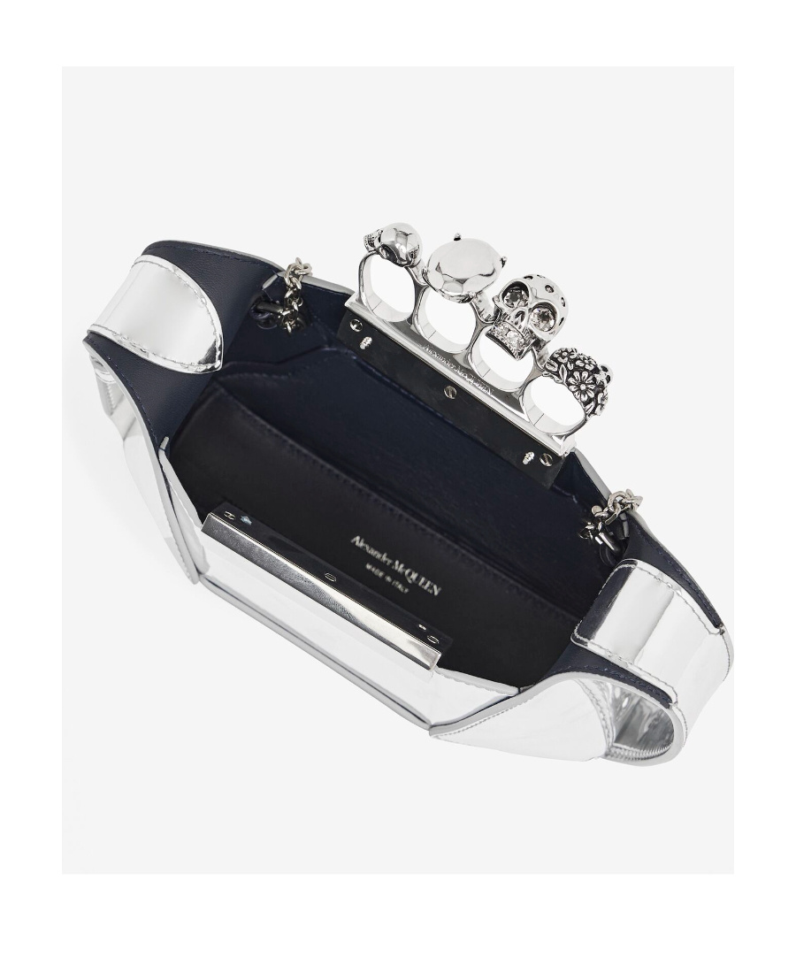 Alexander Mcqueen Mini Jewel Skull Metallic Top-handle Bag In White