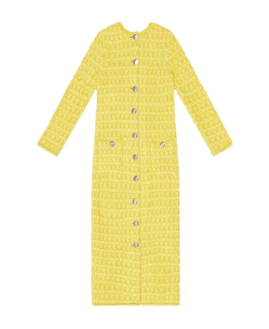 Balenciaga Yellow Bb Button Boucle Woven Tweed Midi Dress In Yellow