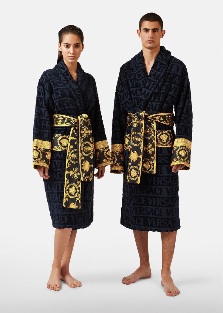 Versace I Love Baroque Terry-cloth Bathrobe In Black