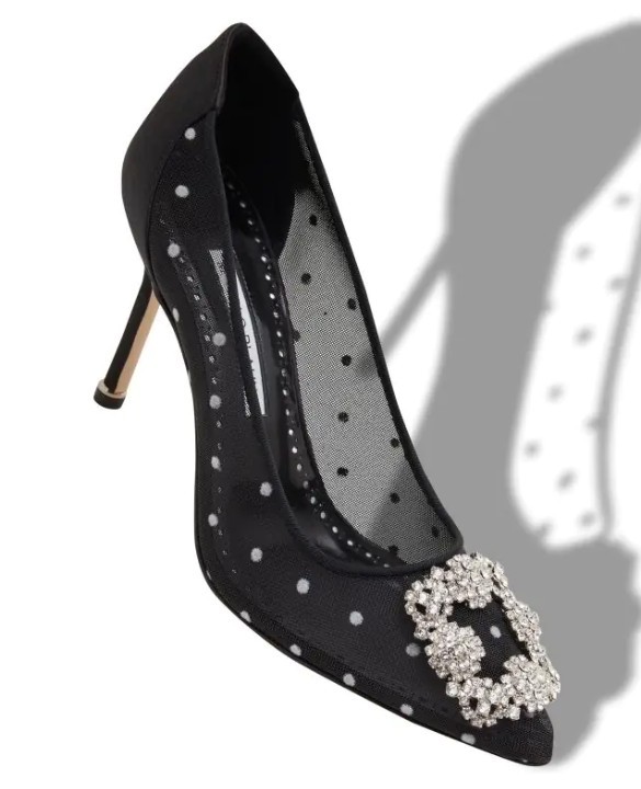 Manolo Blahnik Hangisi 90 Satin-trimmed Crystal-embellished Flocked Mesh Pumps In Black