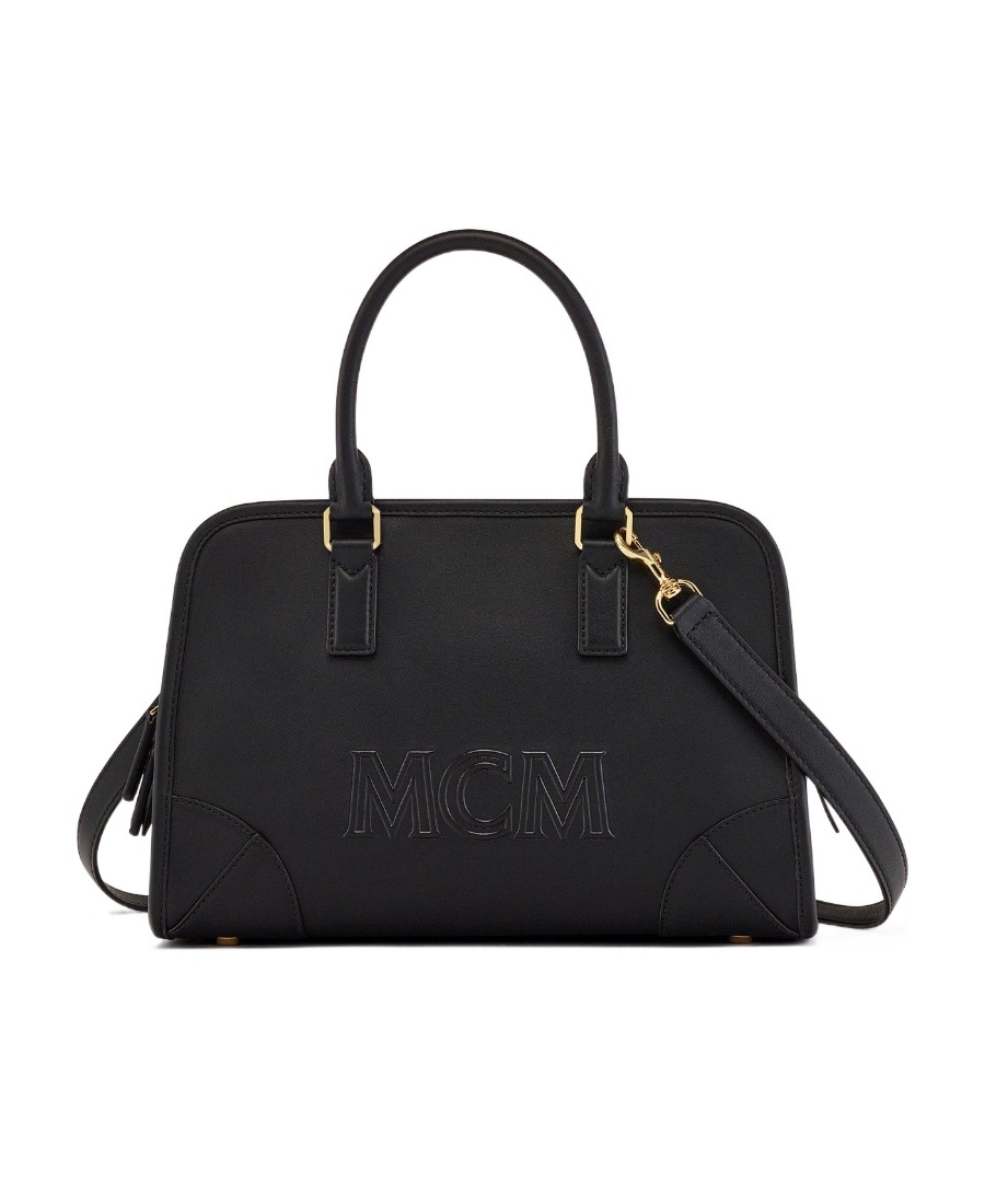 Mcm Medium Logo Embossed Aren Boston Bag In Black