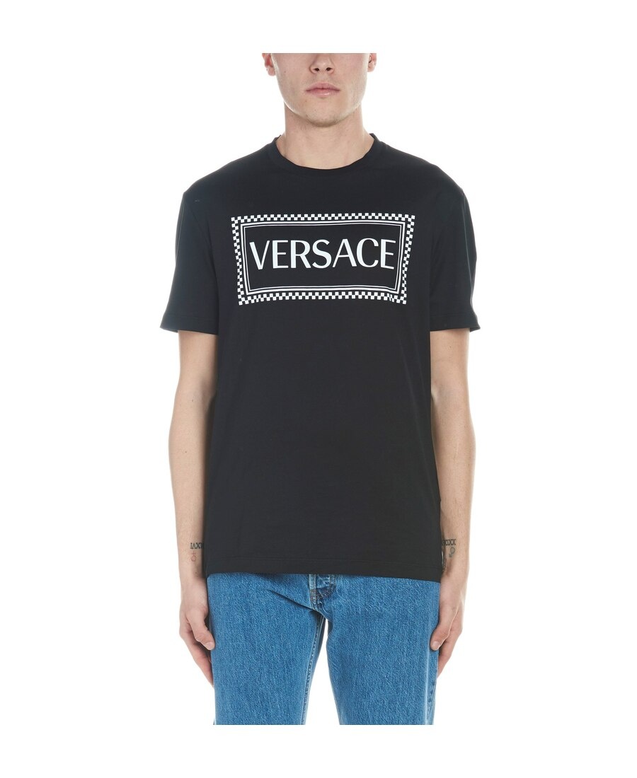 Shop Versace Logo Check Print Cotton T Shirt In Black
