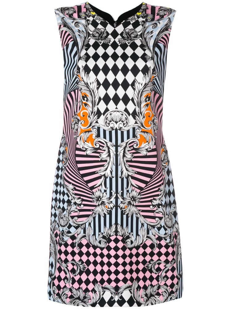 Versace Color Plaid Baroque Printed Dress In Black
