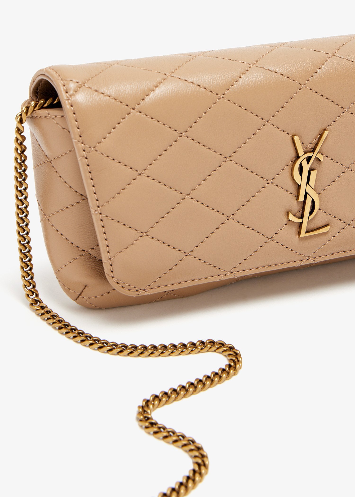 Saint Laurent Gaby Phone Holder Ysl Crossbody Bag In Quilted Smooth Leather In Nude