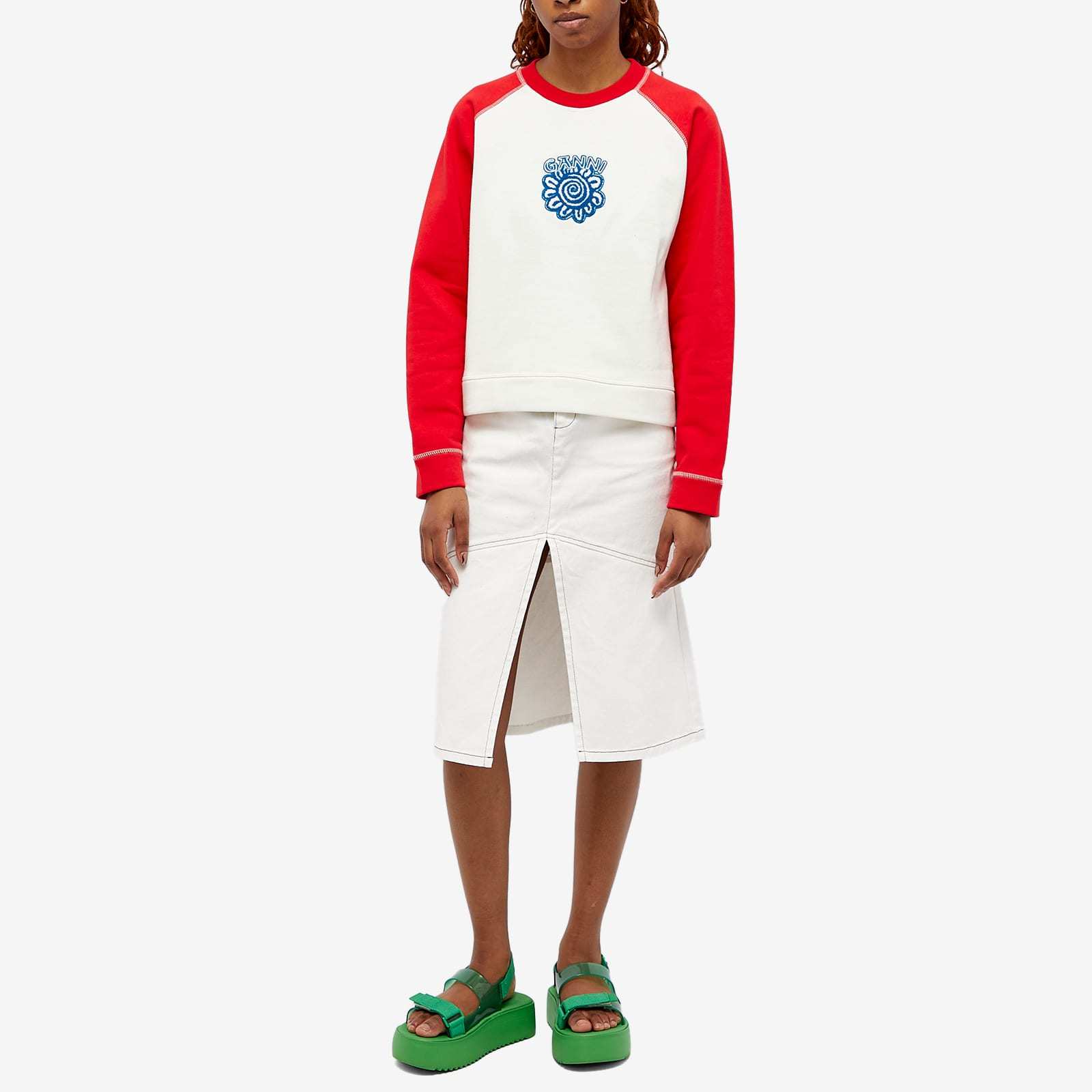 Ganni Long Sleeve Isoli Raglan Contrast Sleeve Sweatshirt In White