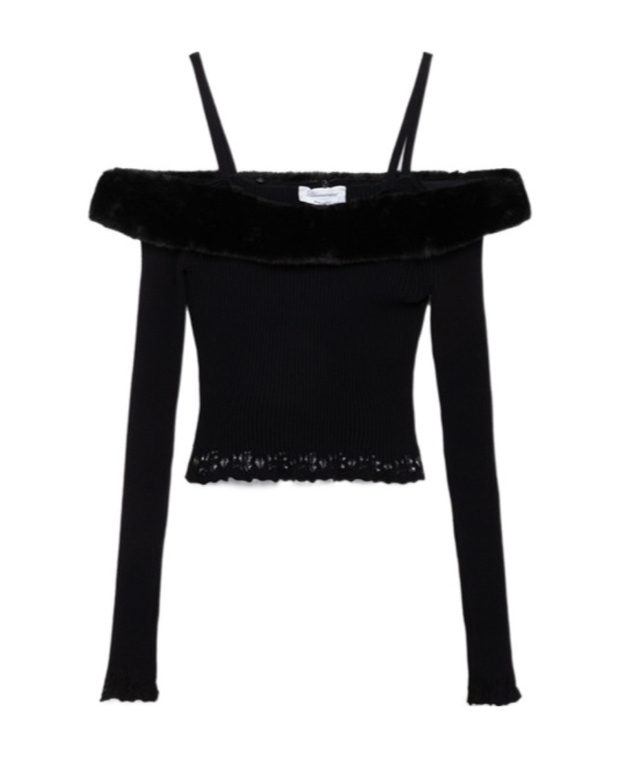 Blumarine Faux-fur Trim Off-shoulder Jumper In Black