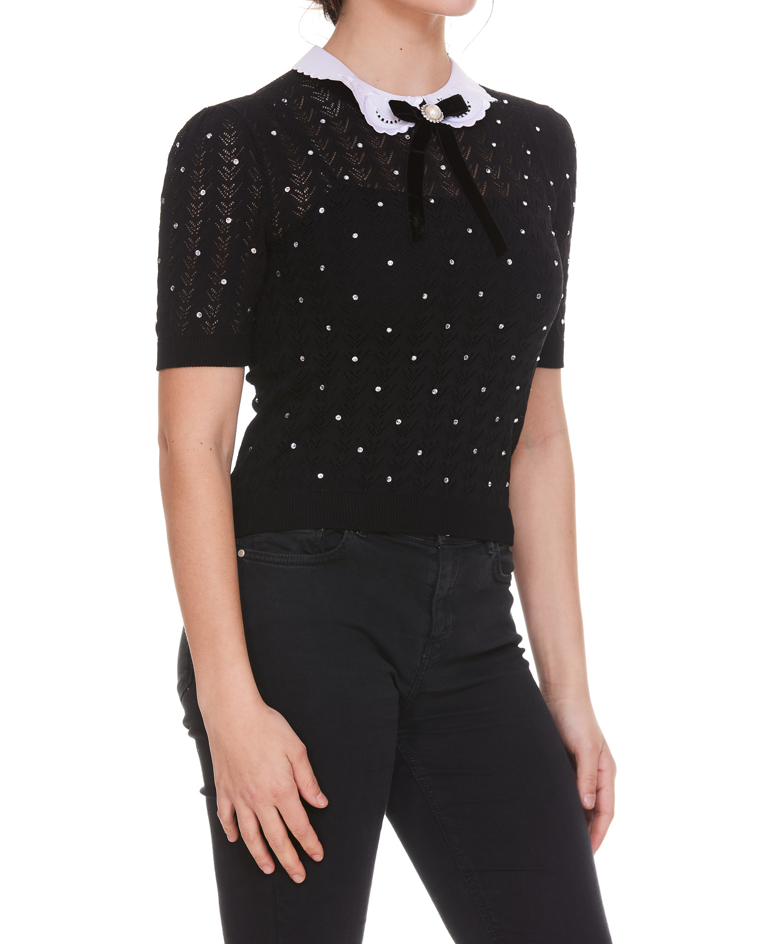 Alessandra Rich Contrast-collar Crystal-embellished Knitted Top In Black