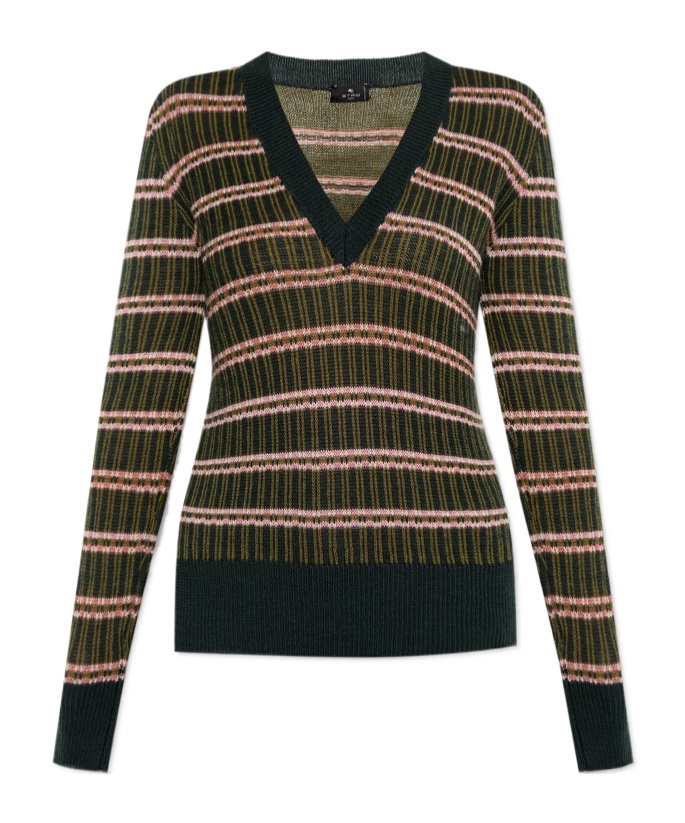 Etro Striped V-neck Sweater In Green