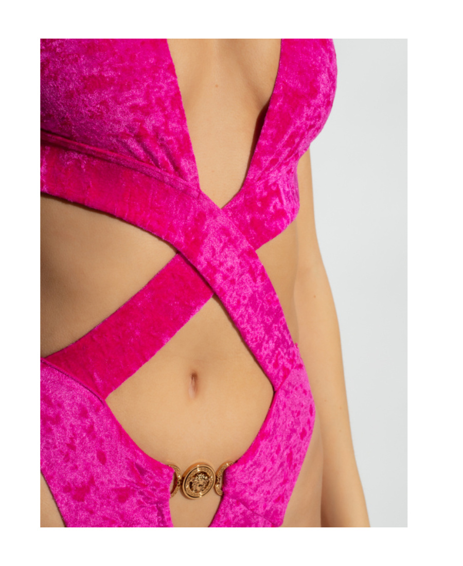 Versace Crossed Cutout Velour One Piece Swimsuit In Pink